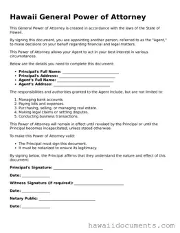 Printable  General Power of Attorney Form for Hawaii