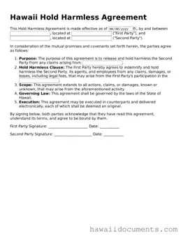 Printable  Hold Harmless Agreement Form for Hawaii