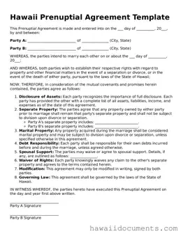 Printable  Prenuptial Agreement Form for Hawaii