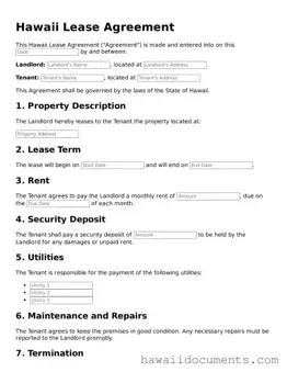 Printable  Lease Agreement Form for Hawaii