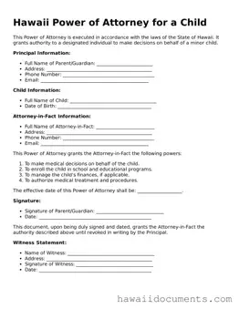 Printable  Power of Attorney for a Child Form for Hawaii