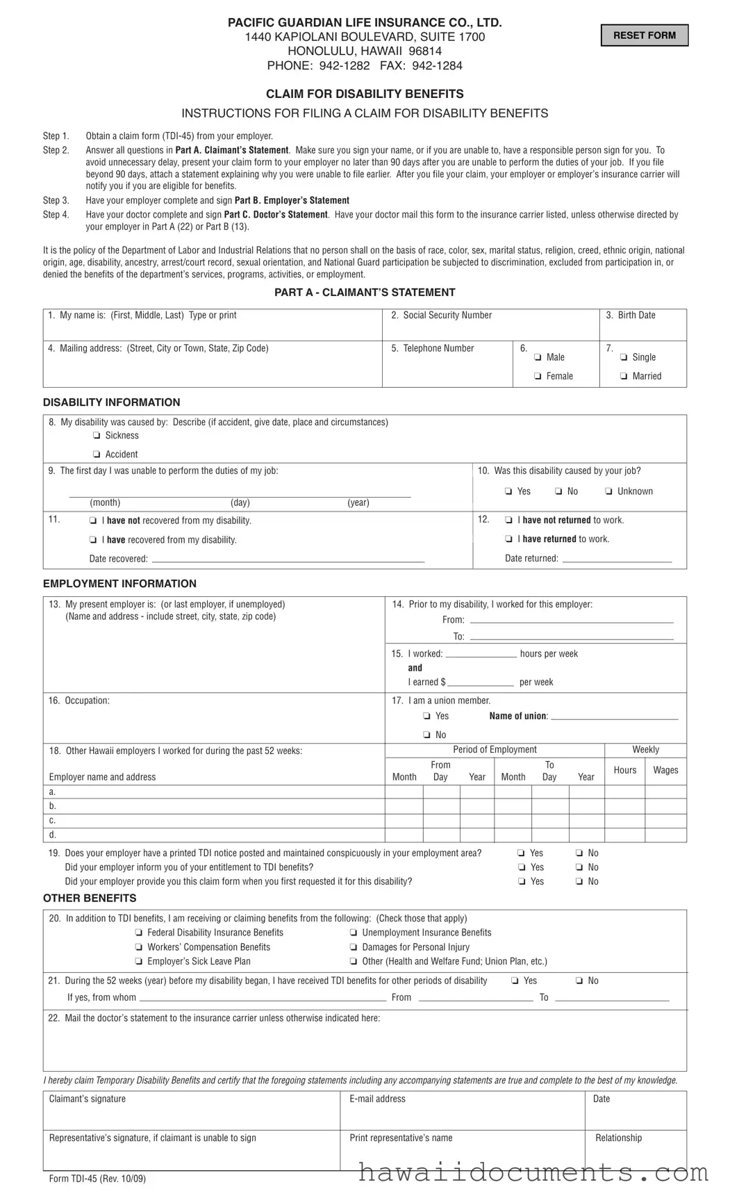 Fill Your State Hawaii Tdi 45 Form