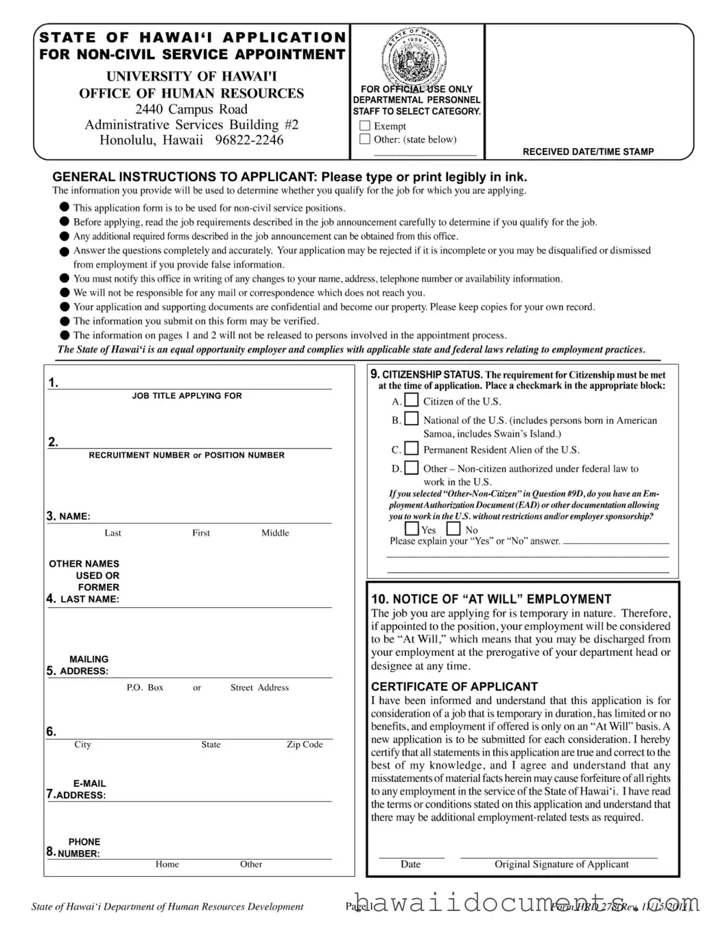 Fill Your State Of Hawaii Hrd 278 Form