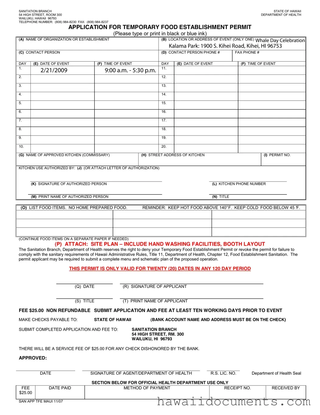 Fill Your Temporary Food Permit Hawaii Form